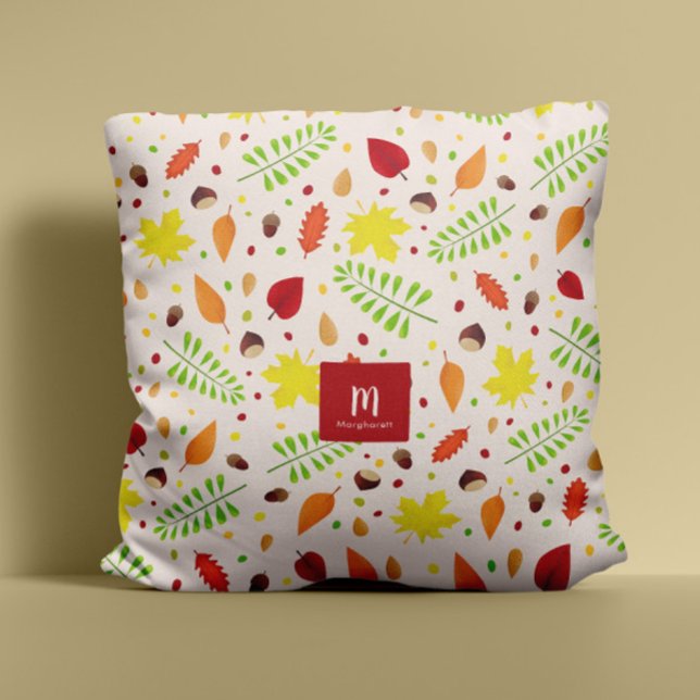 Colourful fall leaves custom name monogram cushion (Colorful fall leaves pillow with custom name and monogram for personalized autumn home decor)