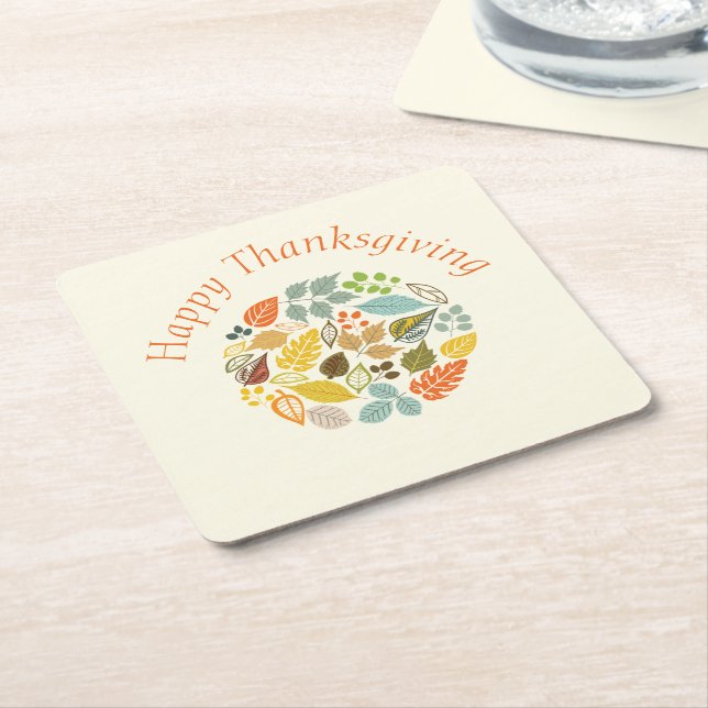 Colourful Fall Leaves Happy Thanksgiving Square Paper Coaster (Angled)