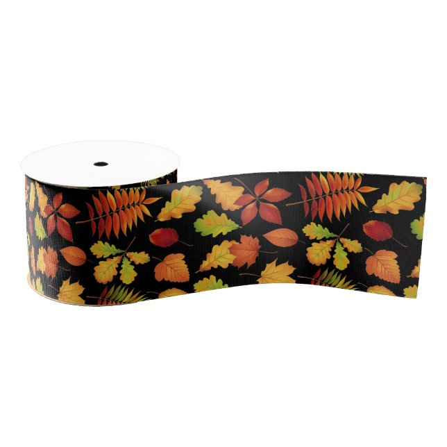 Colourful Fall Leaves on Black 3-Inch Grosgrain Ribbon (Spool)