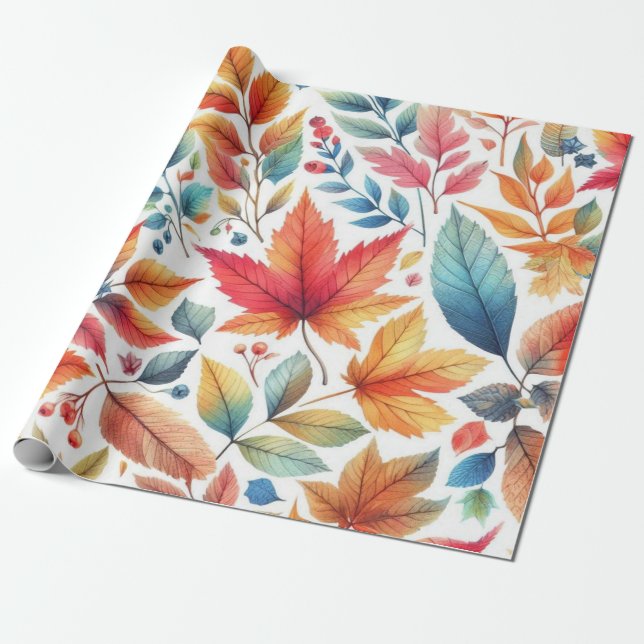Colourful Fall Leaves Pattern  Wrapping Paper (Unrolled)
