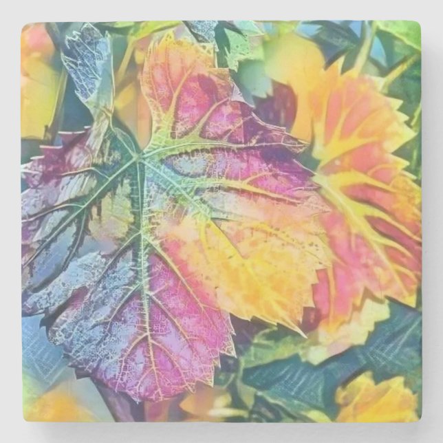 Colourful Fall leaves with fall colours watercolor Stone Coaster (Front)