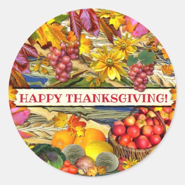 Colourful Fall Produce Happy Thanksgiving Classic Round Sticker (Front)