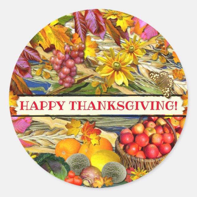 Colourful Fall Produce Happy Thanksgiving Classic Round Sticker (Front)