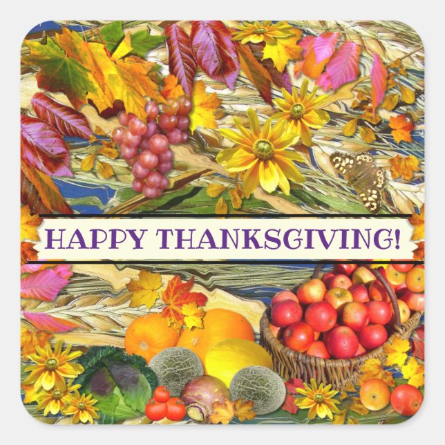 Colourful Fall Produce Happy Thanksgiving Square Sticker (Front)