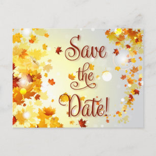 Colourful Fall Save The Dates With Autumn Leaves Announcement Postcard