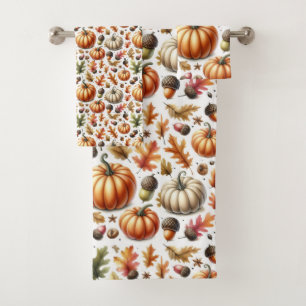 Colourful Fall Season Pumpkins and Leaves Print  Bath Towel Set