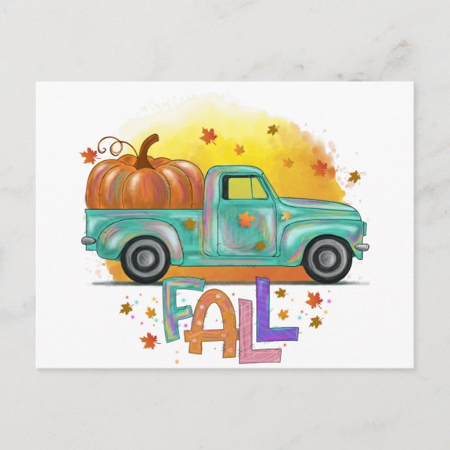 Colourful Fall Vintage Pickup Truck Postcard (Front)