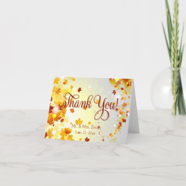 Colourful Fall Wedding Thank You Cards With Leaves (Front)
