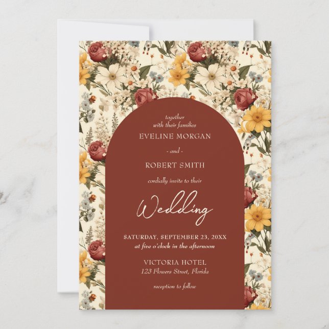 Colourful fall wild flowers terracotta yellow arch invitation (Front)