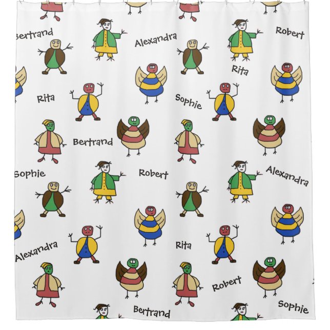 Colourful Family Cartoon Characters Kids any Names Shower Curtain (Front)