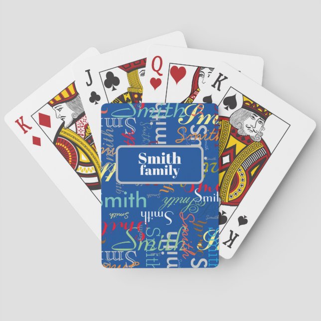 Colourful Family Name Repeated on Blue  Playing Cards (Back)