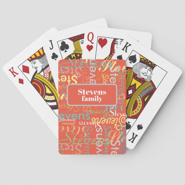 Colourful Family Name Repeated orange-red Playing Cards (Back)
