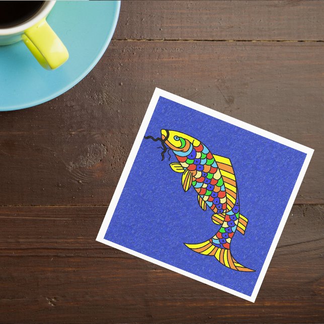 Colourful Fancy Abstract Fish Napkin (Fancy brightly coloured fantasy fish on vibrant faux sparkle blue napkins.)