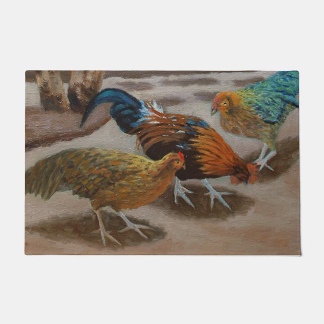 Colourful Fancy Rooster & Chickens Doormat (Front)