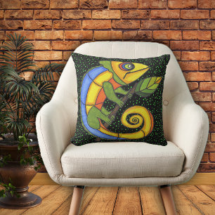 Colourful Fantasty Pop Art Lizard on Green Dots Outdoor Cushion