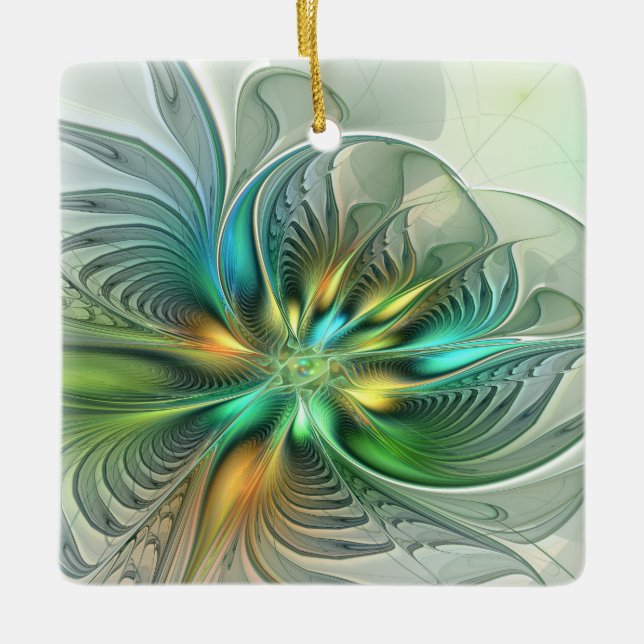 Colourful Fantasy Abstract Flower Fractal Art Ceramic Ornament (Front)