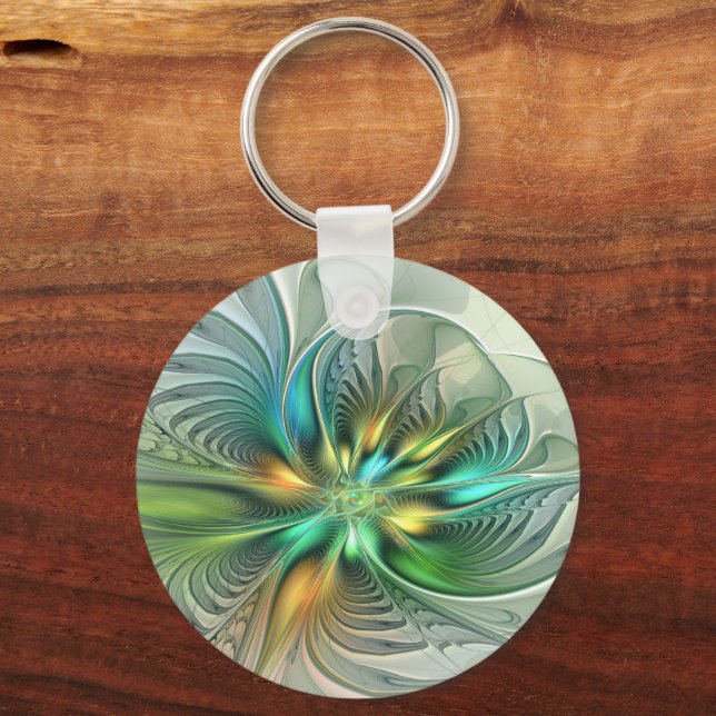 Colourful Fantasy Abstract Flower Fractal Art Key Ring (Front)