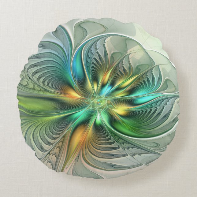 Colourful Fantasy Abstract Flower Fractal Art Round Cushion (Front)