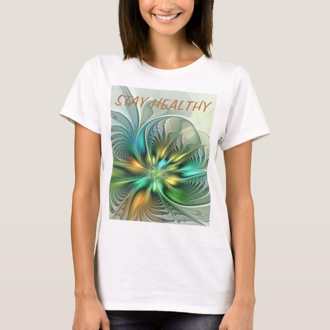 Colourful Fantasy Abstract Flower Fractal Art Text T-Shirt (Front)