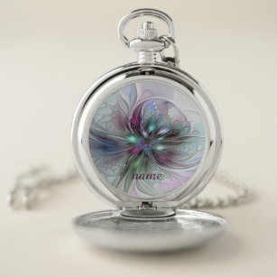 Colourful Fantasy Abstract Modern Art Flower Name Pocket Watch