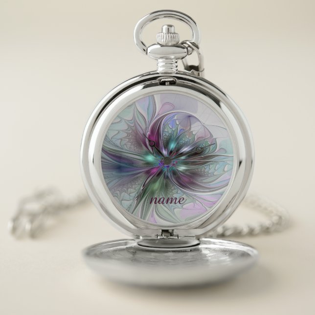 Colourful Fantasy Abstract Modern Art Flower Name Pocket Watch (Inside)
