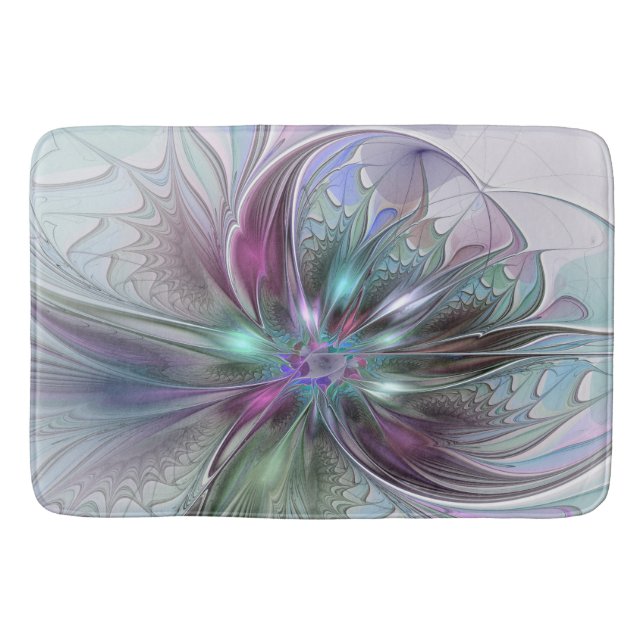 Colourful Fantasy Abstract Modern Fractal Flower Bath Mat (Front)