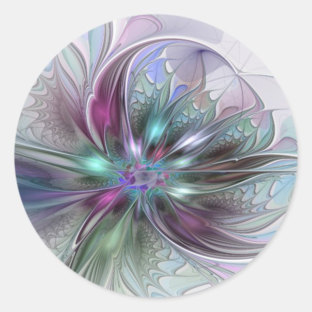 Colourful Fantasy Abstract Modern Fractal Flower Classic Round Sticker (Front)