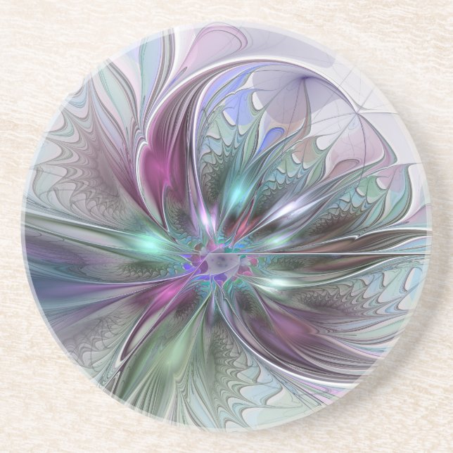 Colourful Fantasy Abstract Modern Fractal Flower Coaster (Front)