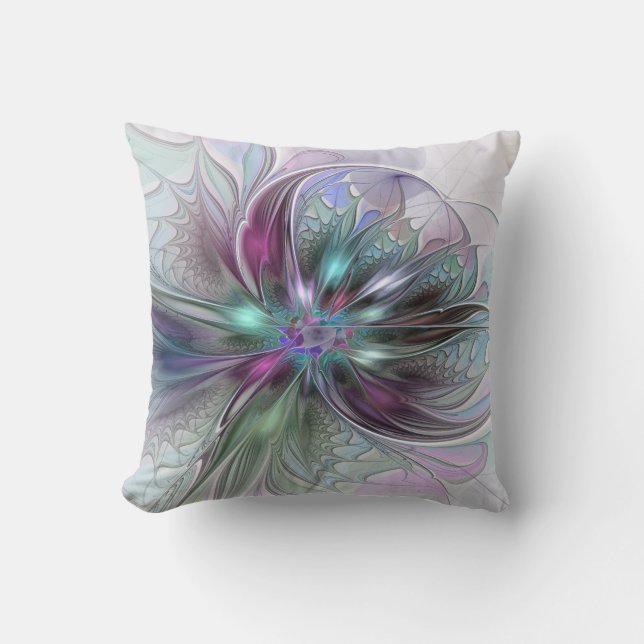 Colourful Fantasy Abstract Modern Fractal Flower Cushion (Front)