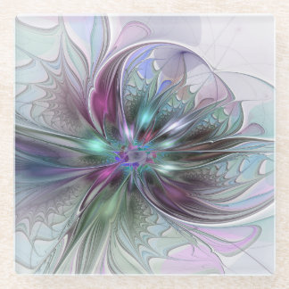 Colourful Fantasy Abstract Modern Fractal Flower Glass Coaster
