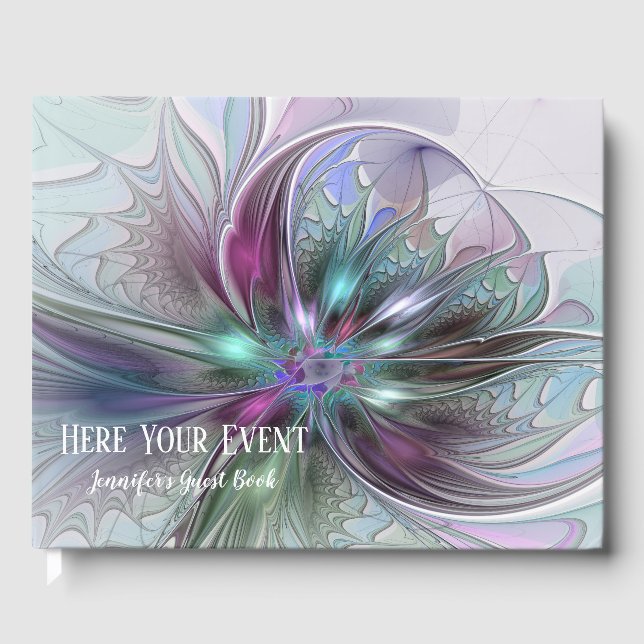 Colourful Fantasy Abstract Modern Fractal Flower Guest Book (Front)