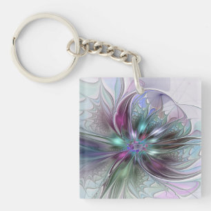 Colourful Fantasy Abstract Modern Fractal Flower Key Ring