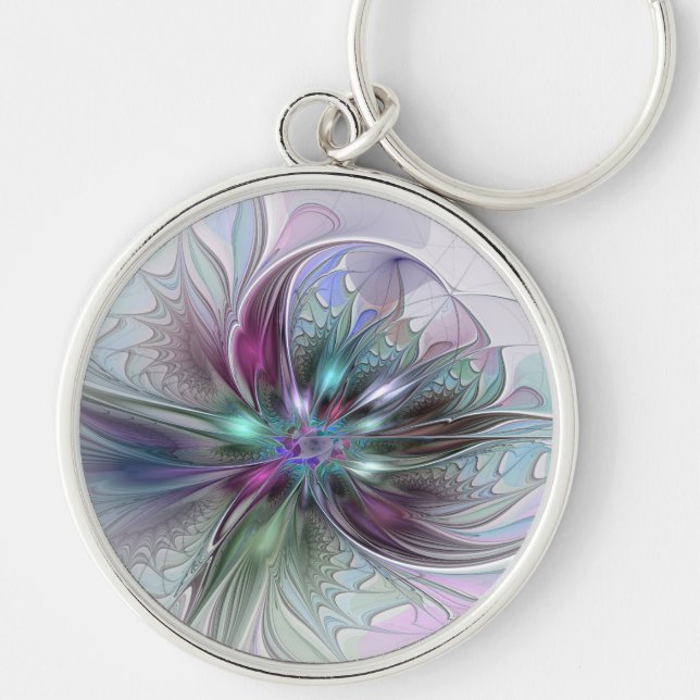 Colourful Fantasy Abstract Modern Fractal Flower Key Ring (Front)
