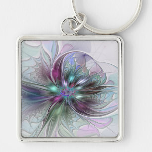 Colourful Fantasy Abstract Modern Fractal Flower Key Ring