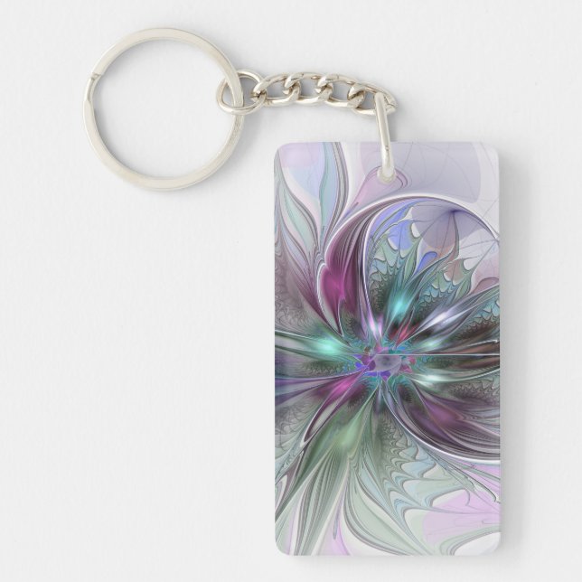 Colourful Fantasy Abstract Modern Fractal Flower Key Ring (Front)