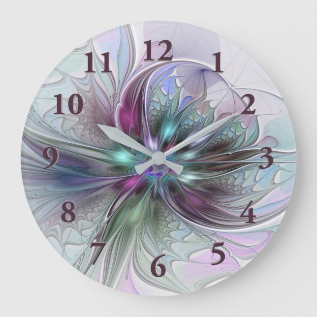 Colourful Fantasy Abstract Modern Fractal Flower Large Clock (Front)