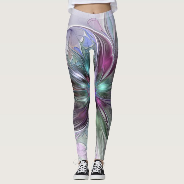 Colourful Fantasy Abstract Modern Fractal Flower Leggings (Front)