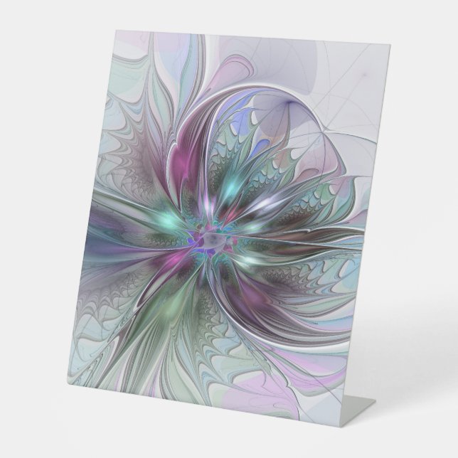 Colourful Fantasy Abstract Modern Fractal Flower Pedestal Sign (Front)