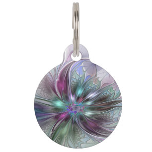 Colourful Fantasy Abstract Modern Fractal Flower Pet Tag
