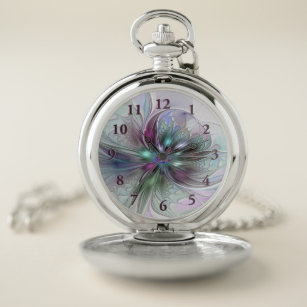 Colourful Fantasy Abstract Modern Fractal Flower Pocket Watch