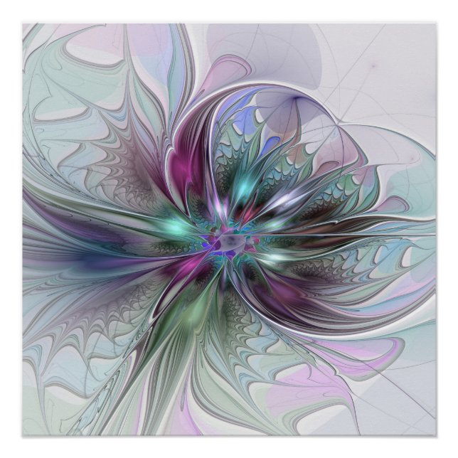 Colourful Fantasy Abstract Modern Fractal Flower Poster (Front)