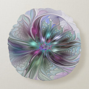 Colourful Fantasy Abstract Modern Fractal Flower Round Cushion