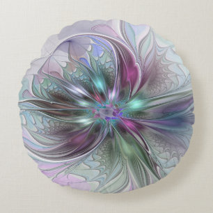 Colourful Fantasy Abstract Modern Fractal Flower Round Cushion