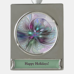 Colourful Fantasy Abstract Modern Fractal Flower Silver Plated Banner Ornament