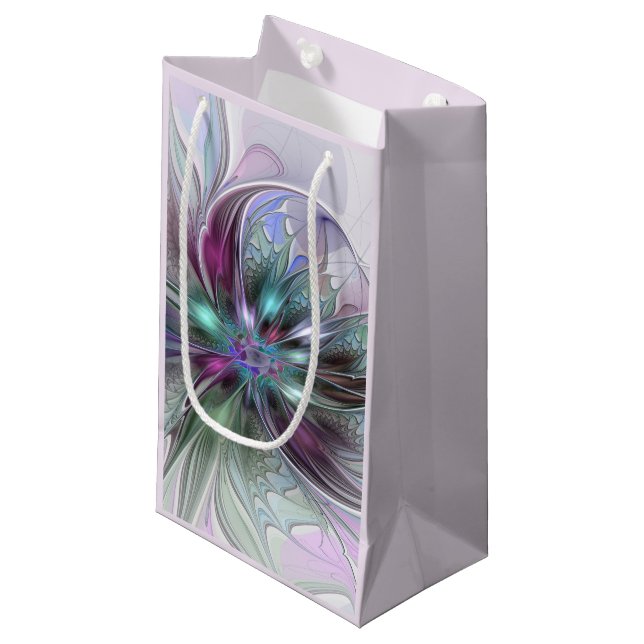 Colourful Fantasy Abstract Modern Fractal Flower Small Gift Bag (Front Angled)