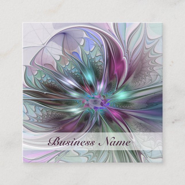 Colourful Fantasy Abstract Modern Fractal Flower Square Business Card (Front)