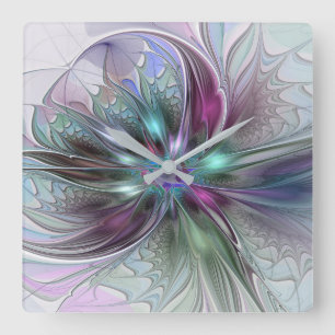 Colourful Fantasy Abstract Modern Fractal Flower Square Wall Clock