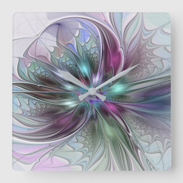 Colourful Fantasy Abstract Modern Fractal Flower Square Wall Clock (Front)