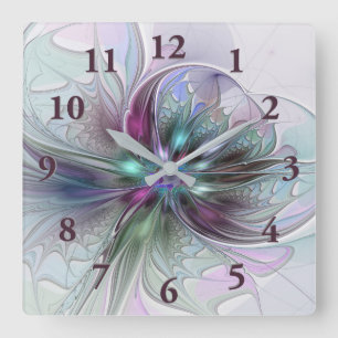 Colourful Fantasy Abstract Modern Fractal Flower Square Wall Clock