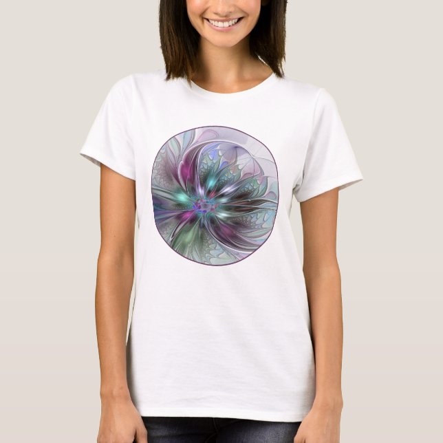 Colourful Fantasy Abstract Modern Fractal Flower T-Shirt (Front)